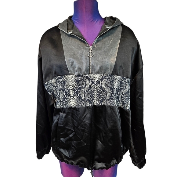 Zara Basic Silver & Black Satin Hooded Windbreaker Size Medium Women's H34 - Picture 1 of 10